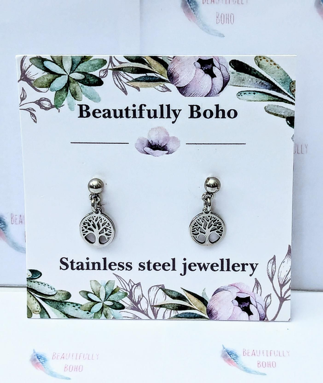 Stainless Steel Tree of Life Stud Drop Earrings 