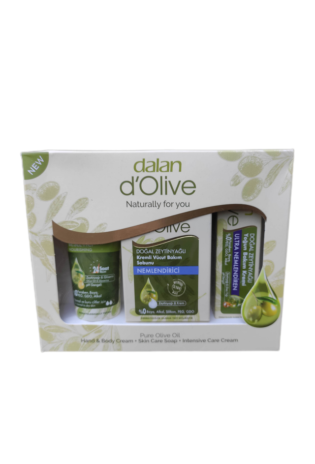 DALAN d'Olive ZESTAW 195 Krem Odżywczy 75ml + Krem Intensywnie Nawilżający 20ml + Mydło w Kostce Nawilżające 100g