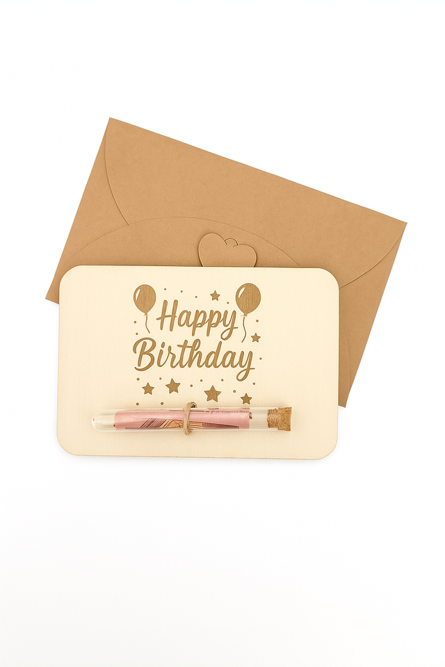 Happy Birthday – Liebevoll handgefertigte Karte aus Sperrholz mit Reagenzglas 