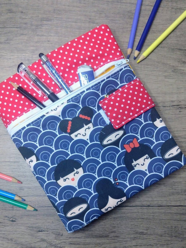 Kokeshi doll heads fabric sketchbook cover with pencil case 