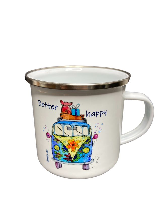 Emailletasse "Bully mit Schweinchen - Better happy"