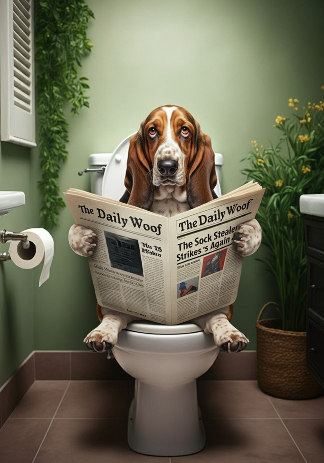 Bassett Hound on the Toilet Framed Canvas