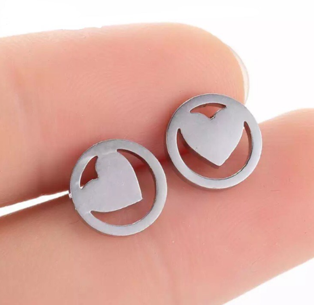 Solid Heart within a Circle Stud Earrings