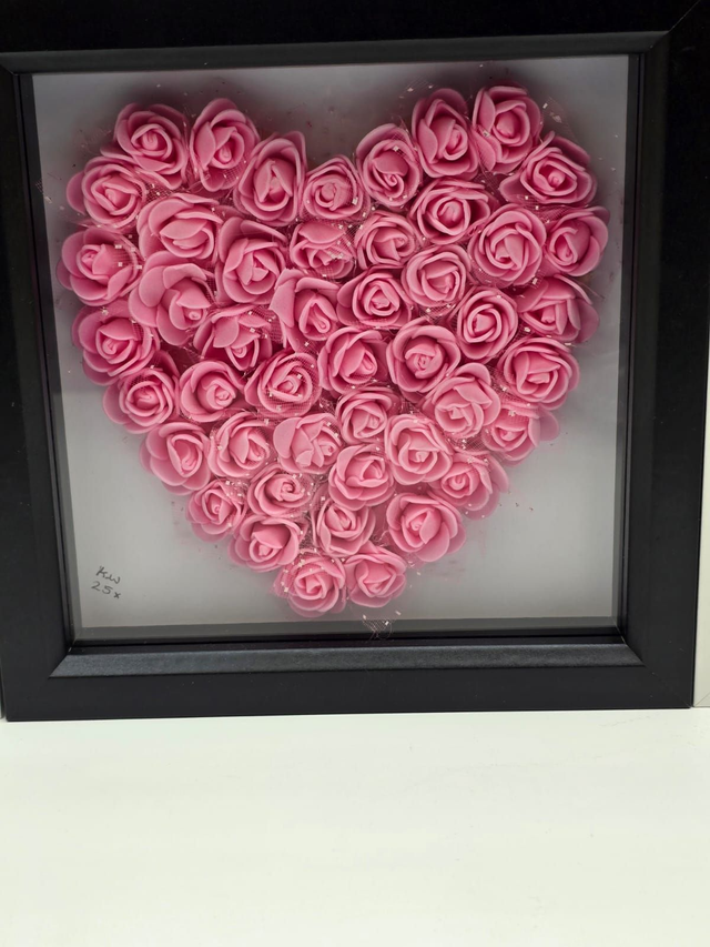 Handcrafted heart Shaped Pink Roses Collage Box "Framed" 