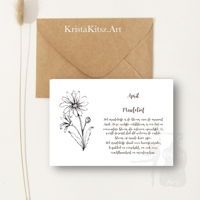 Ansichtkaart Madelief April met tekst | inclusief envelop of postkaart | zwart wit tekening illustratie 