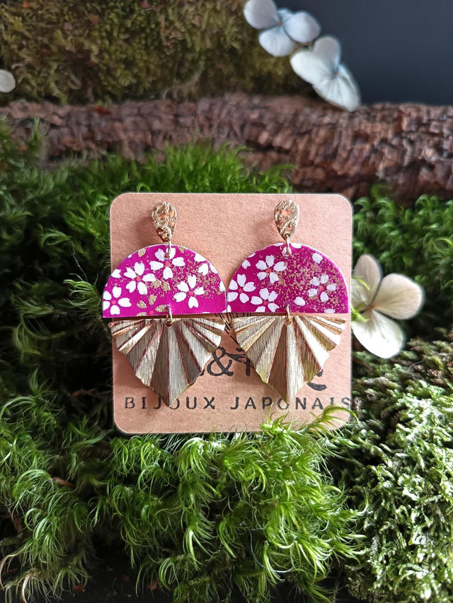 Boucles d'oreilles - puces - papier washi - Sakura - fleurs de cerisier - éventail - La&amp;Titia 