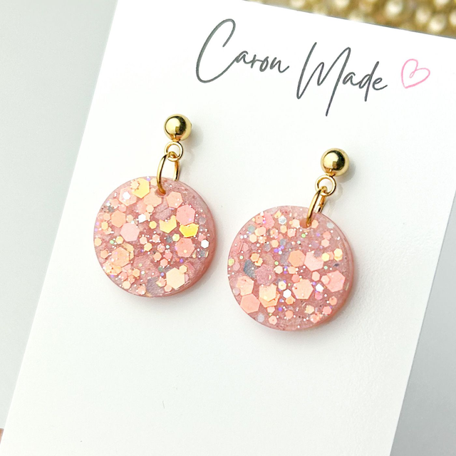 Glittery circle earrings, light pink