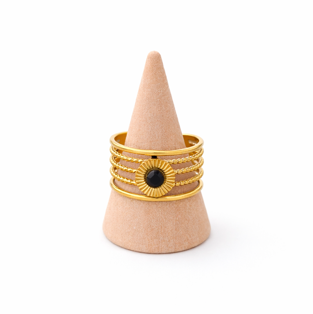 Anillo ajustable acero dorado y perla negra 