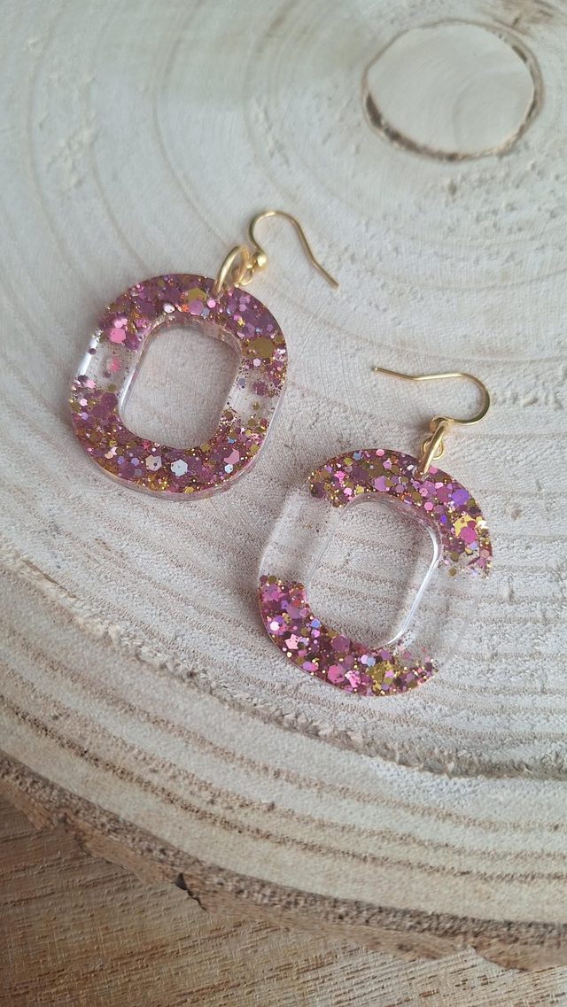 Boucles d'oreilles dorées ovales paillettes roses/dorées 