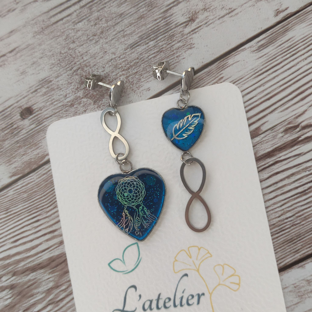 Boucles "Eve" Bleu et attrape-rêves acier inoxydable 