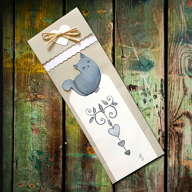 Marque-page aquarelle chat "Swanny" - Frise de cœurs bleus