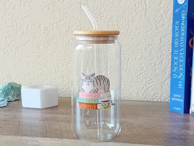 Gobelet en Verre 550ml ou 330ml- Chat sur Pile de Livres - Paille en Verre et Couvercle en Bambou