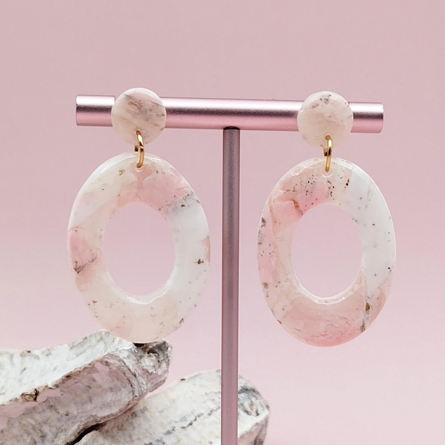 Boucles d'oreilles "Ovéa" Effet Marbre Blanc, Rose et Doré
