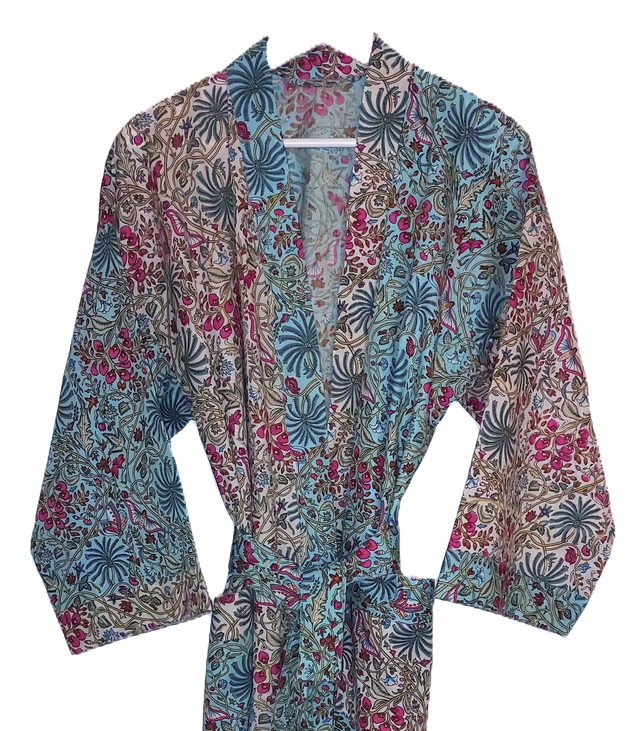 Robe kimono longue en coton, peignoir, robe de chambre, motif floral et papillons blanc, bleu, rose, L.120cm   