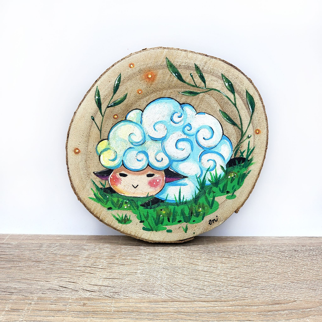 Peinture sur rondin de bois Nuage le mouton