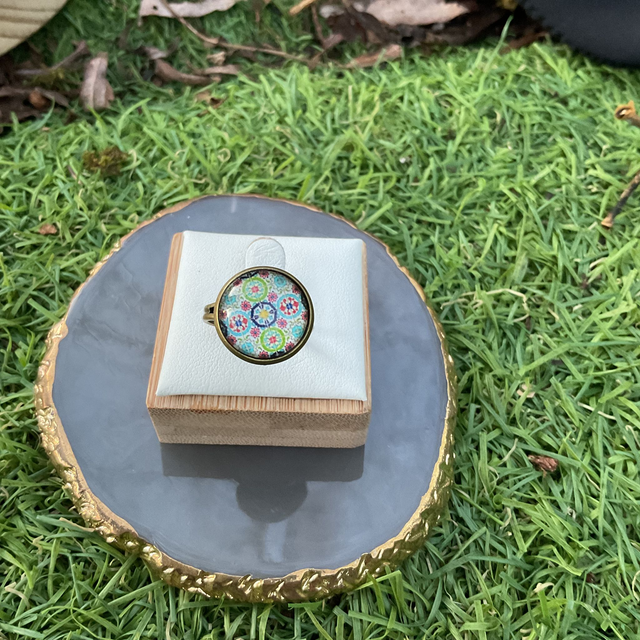 Adjustable glass dome ring. Colourful design. Handmade.