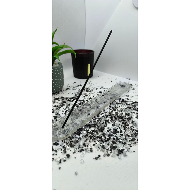 Porte encens transparent paillettes argentées et étoiles noires