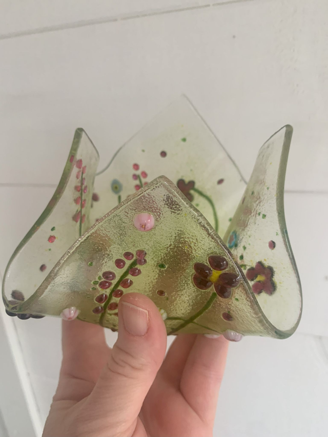Fused Glass Handkerchief Bowl with Flower Meadow Pattern