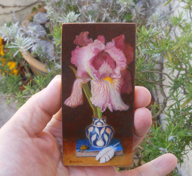 Still life with pink iris, blue book and white feather