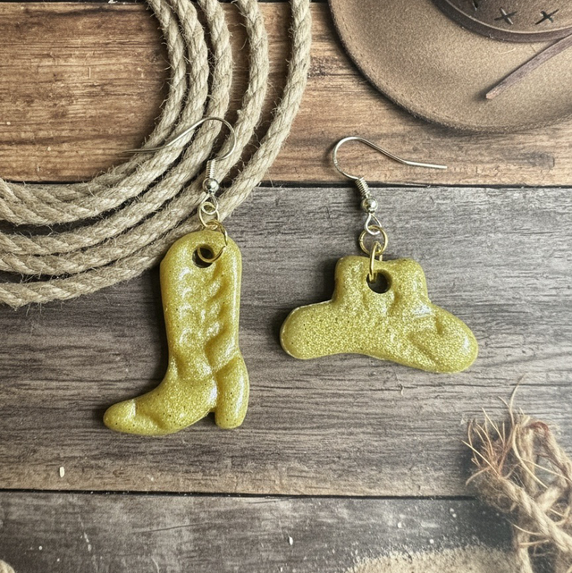 Gold Shimmer Mismatched Polymer Clay Cowboy Boot and Hat Earrings
