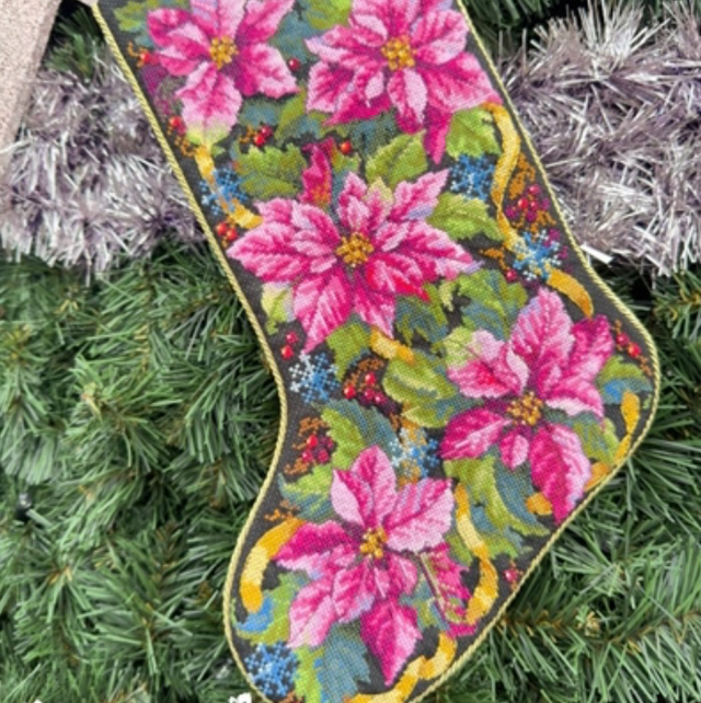   Merejka Pink Poinsettia Stocking Counted Cross Stitch Kit