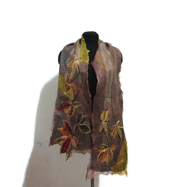 Sciarpa feltro lana merino seta Sciarpa artistica Caldo lunga oro marrone Infeltrimento fatto a mano