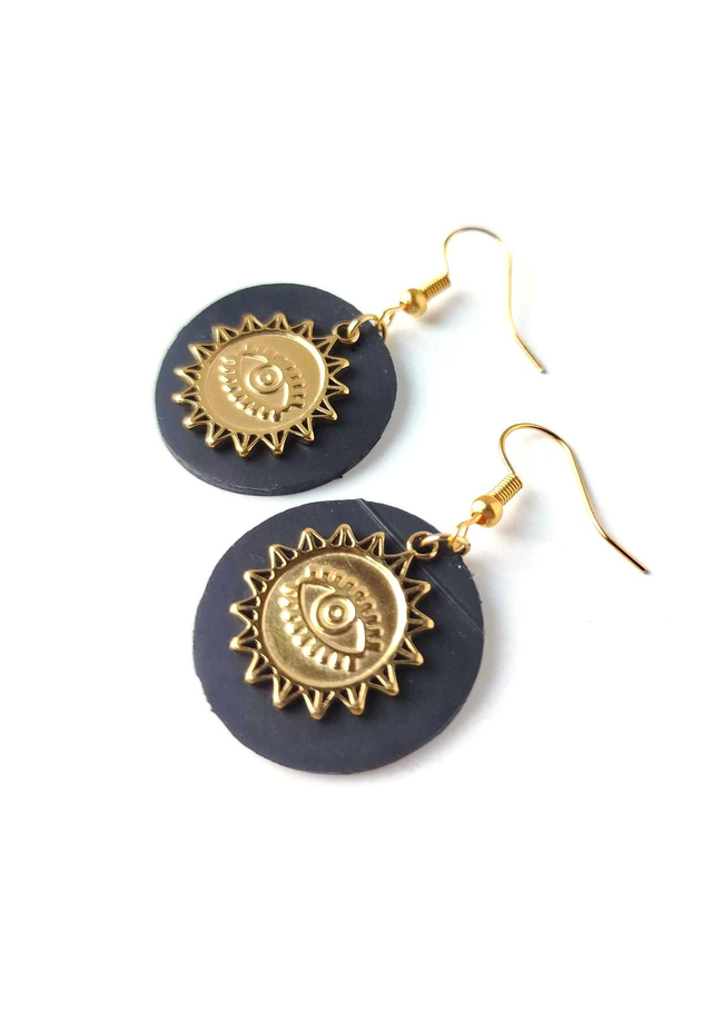 Boucles d&#039;Oreilles Upcyclées en Chambre à Air et Acier Inoxydable Doré - Œil Protecteur