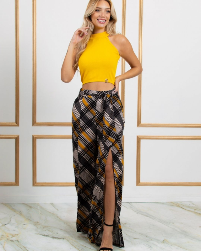 Calça Miss Misses com Zíper e Fenda Cor Mostarda