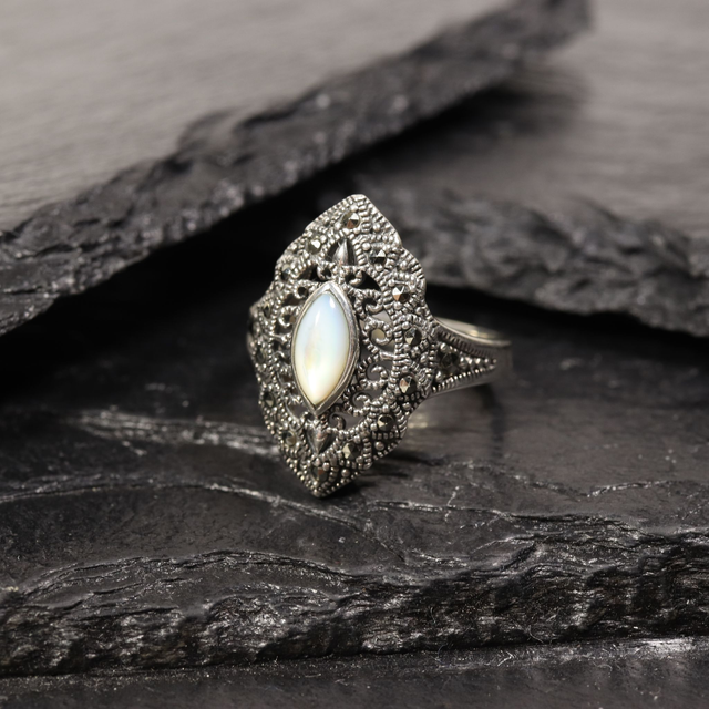 Vintage Art Deco Style Sterling Silver 925 Bezel Set Marquise Cut Cabochon Moonstone With Marcasite Gemstone Shield Design Ring Size O - 7