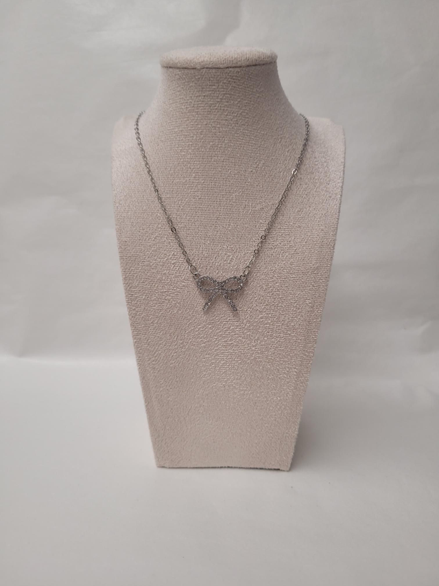 Silver rhinestone bow charm necklace - 18inch silver plated - HBH-056