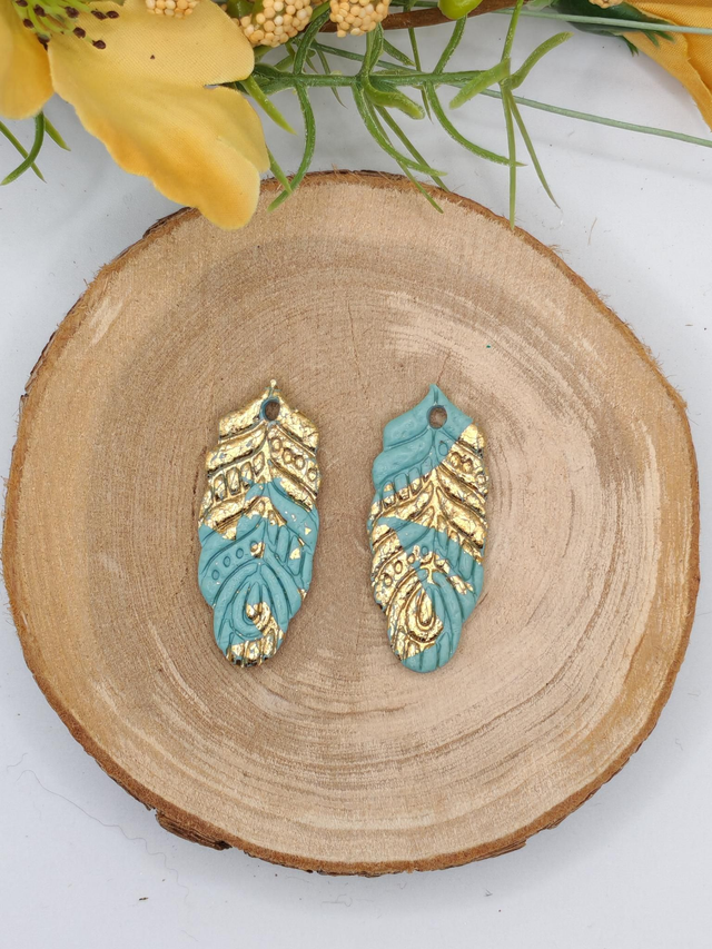 Plume Bleu feuilles d'or 