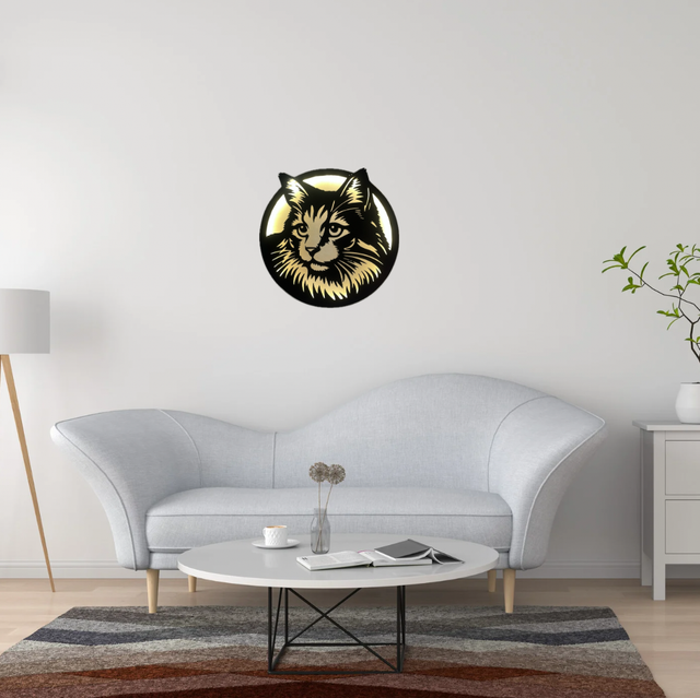 Tableau lumineux chat en bois recyclé – Décoration murale LED upcycling