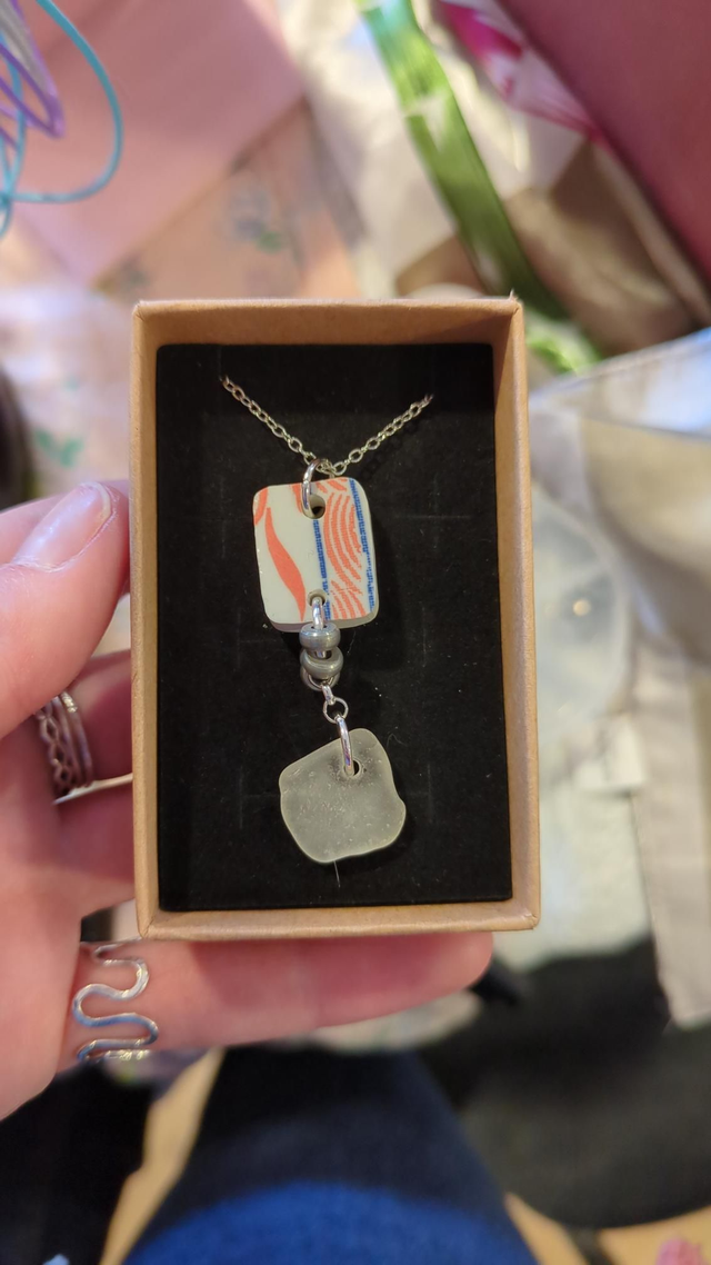 Necklace - vintage plates and sea glass 