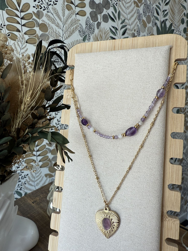 Collier Double rangs Améthyste &amp; Inox couleur dorée