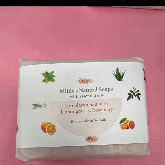 Millie’s natural soaps with essential oils Himalayan salt with lemongrass and rosemary 90g