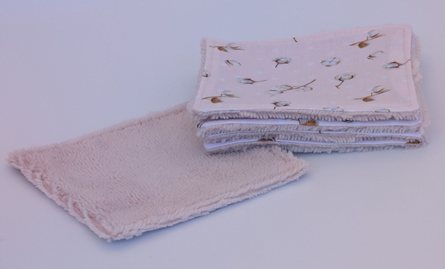 Lingettes démaquillantes lavables - Rose poudré - Collection "Fleur de coton", le lot de 5