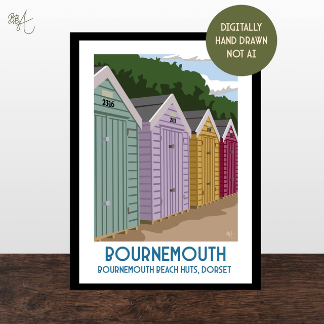 Bournemouth Beach Huts, Travel Poster Print - Vintage Style Dorset Wall Art