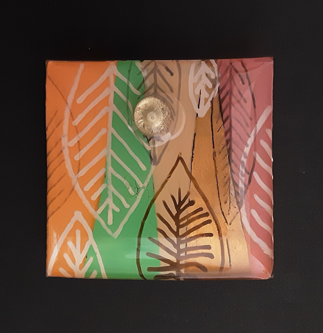 Broche grand carré collection Floral motif feuilles teintes automnales cabochon doré