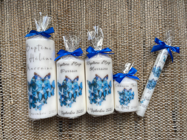 Bougie de baptême personnalisée Papillons bleus