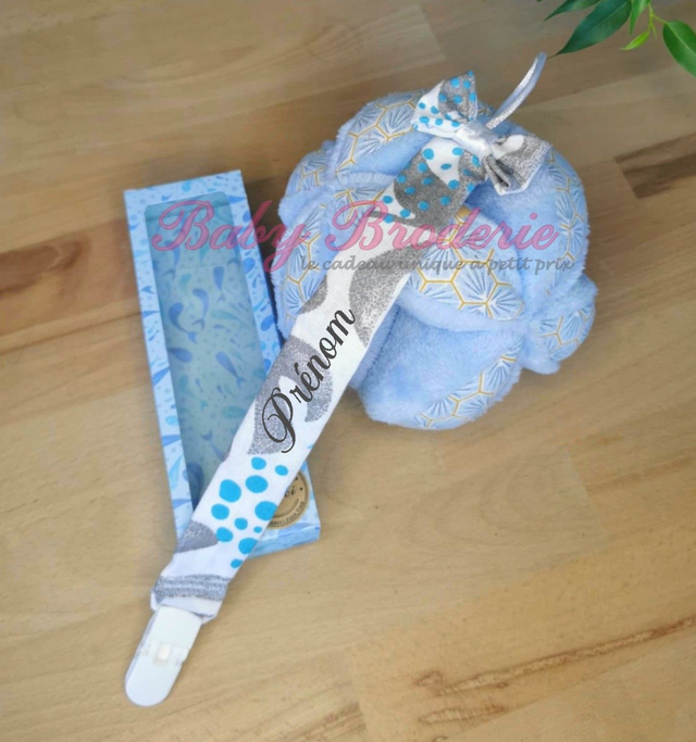 Attanche Tétine Bleu et blanc à fleur grise