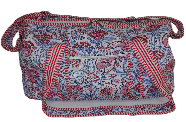 Sac de sport ou de week-end matelassé – Coton imprimé à la main -  Grand format pour voyages - Motif floral rouge, rose, bleu, blanc