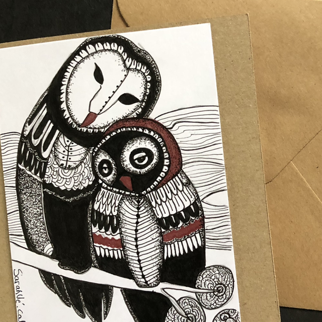 Carte - hiboux - 13,5 x 13,5 cm - enveloppe kraft 