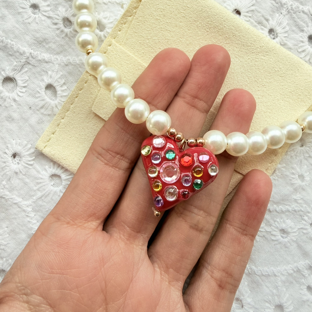 Ruby – Red Gem Heart & Pearl Beaded Necklace