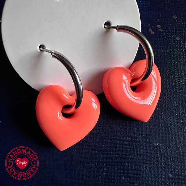 Earring Huggies - Neon Orange Heart Charms