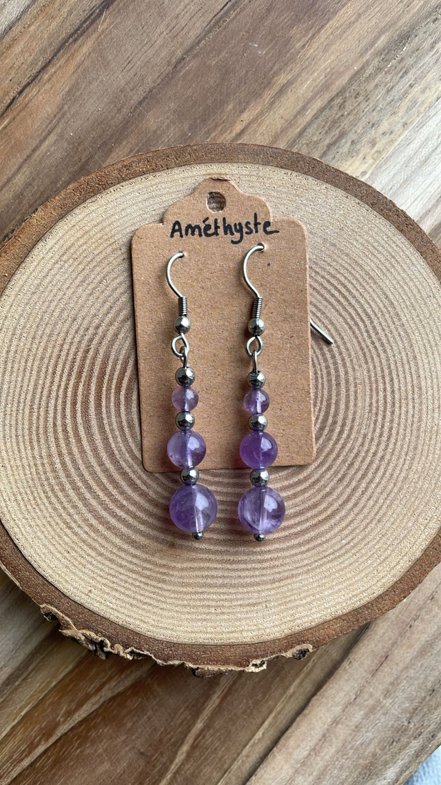 Boucles pendantes AMETHYSTE Acier inoxydable argenté