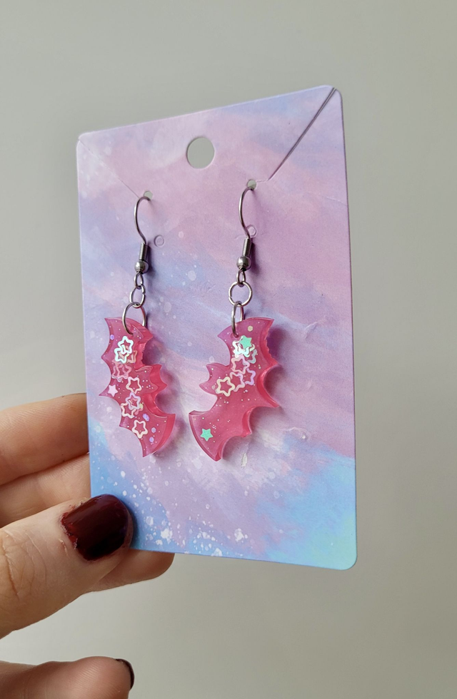 Earrings | Pink Star Glitter Bats | Stainless Steel Shepherd Hooks