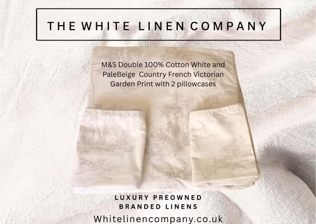 M&amp;S White Double 100% Cotton White and Pale Grey  Vintage Garden Print with 2 pillowcases