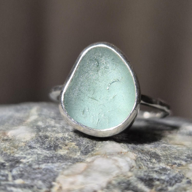 Size N Pale Aqua Sea Glass and Sterling Silver Ring Fully Hallmarked 