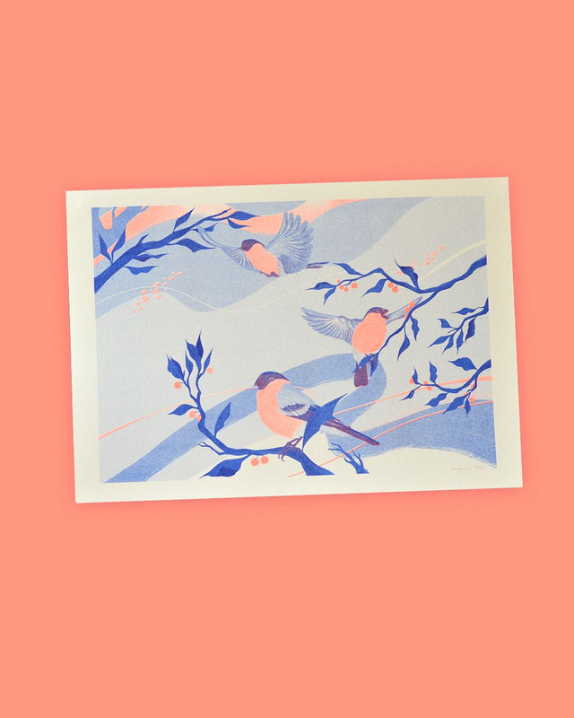 Affichette A4 Les bouvreuils pivoines