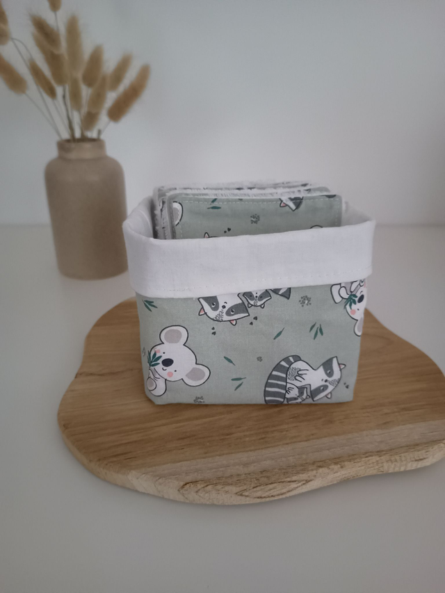 Panier de 10 cotons lavables vert koala et raton laveur